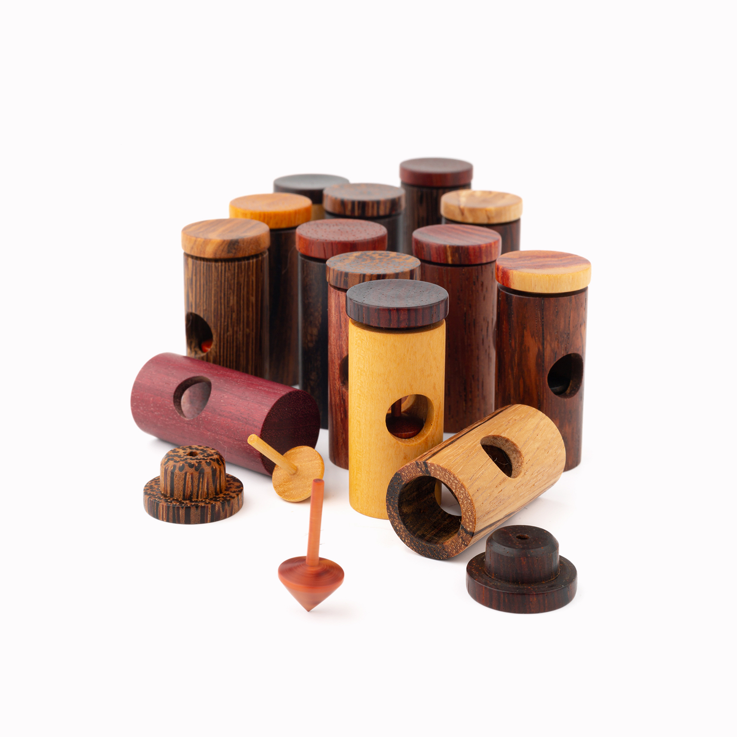 Minikreiseldosen - Dreh Dich! - Minikreisel in Dosen mit Einblick, in edlen Hölzern - 01